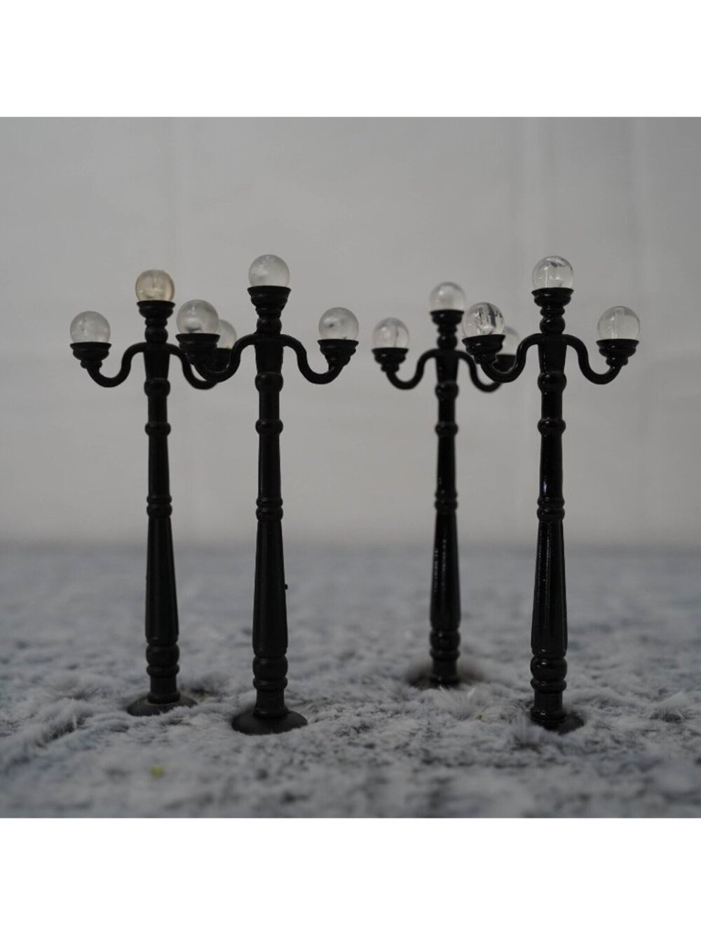 Miniature Street Lamp Posts 5” Lot of 4 Black Globe Lights Christmas Village